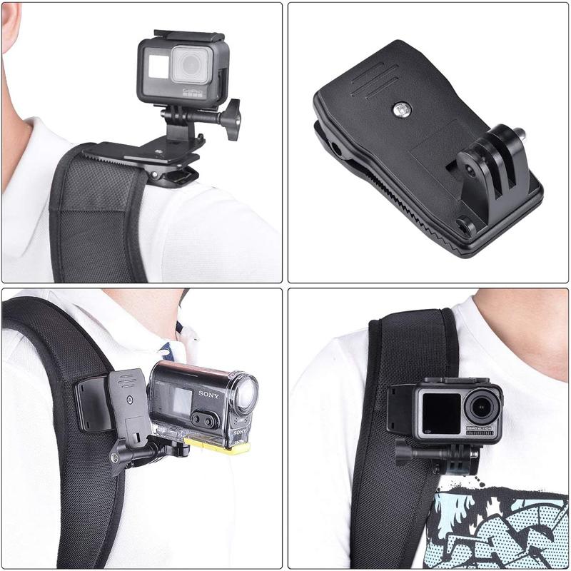 360 Degree Rotating Backpack Clip Mount, Sports Camera Hat Strap Clamp Accessory Compatible for GoPro Action Cameras