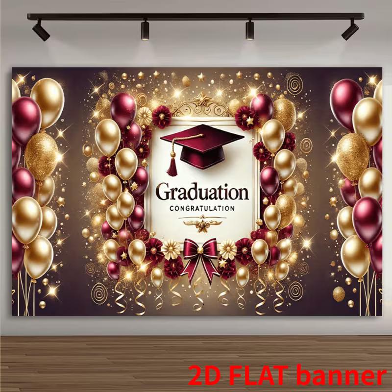 

2D Elegant Graduation Banner, Maroon Gold Balloon & Ribbon Decoration Background 47.2x31.5inch/120*80cm