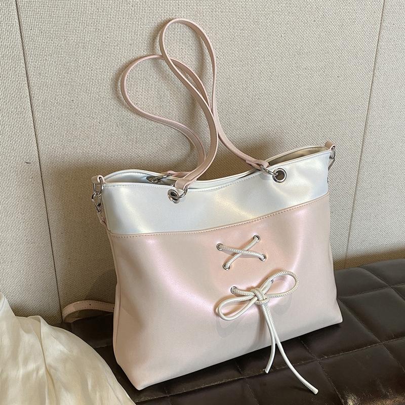 Summer Sweet Tote Bag for Women  New Large Capacity Soft PU Lace-up Shoulder Bags Fashion College Student Commuter Handbags