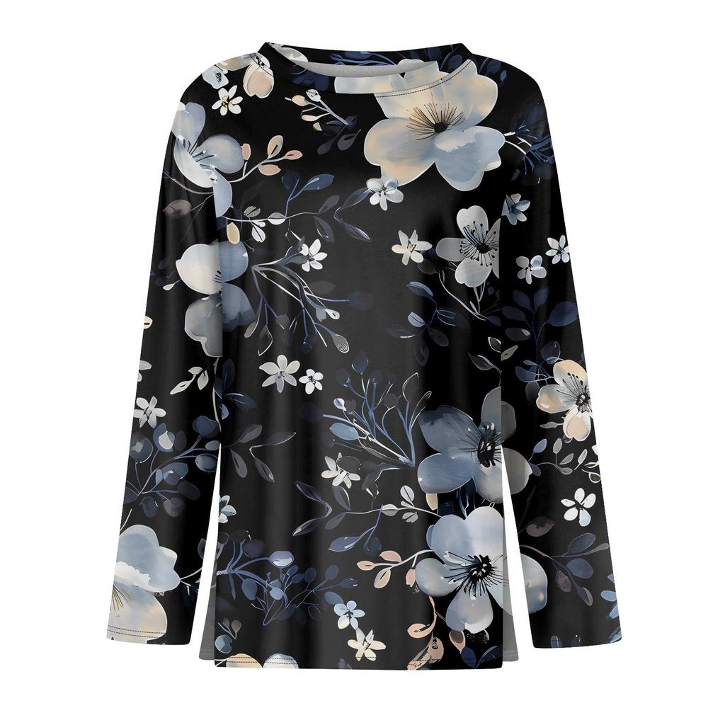 Damenmode Lässig Schlitz Saum Rundhals Langarm Lose Bedrucktes T-Shirt Damen Top