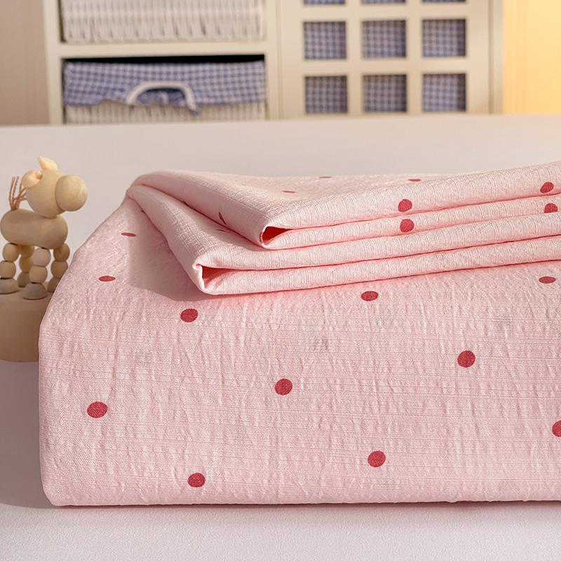 NewFashion Kawaii Pink Polka Dot Fitted Sheet Crinkle Puff Fabric Full‑Wrap Elastic Mattress Cover Girls Bedroom Decor Bed Sheet
