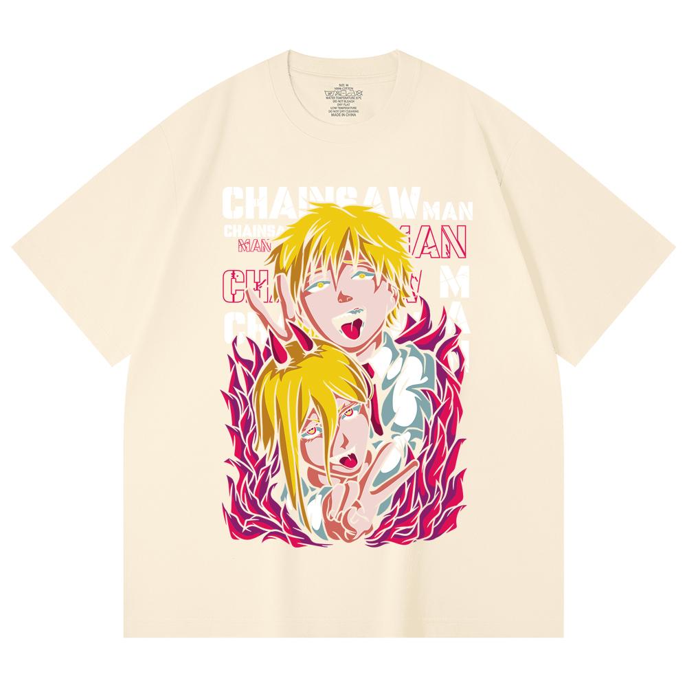 230 Gsm 100% Cotton Chainsaw Man V39 Denji Power Print Unisex Heavy Cotton T Shirt