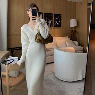 Vestido de punto con cuello en U profundo para mujer, otoño e invierno, retro, cuello en V, manga larga, suéter versátil con temperamento, tops femeninos