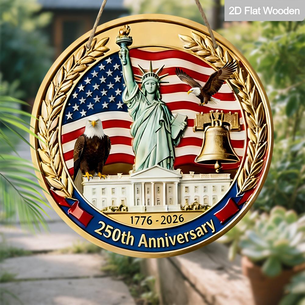1pc 250th Anniversary Patriotic Wooden Hanging Sign - Round Statue of Liberty & American Flag Decor with Bald Eagle & Liberty Bell Accents for Porch