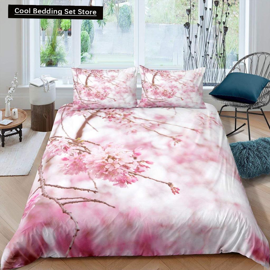 Rosa Kirschblüten King Queen Bettwäscheset Frühlingsflora Bettbezug Japanische Blumen Steppdeckenbezug Weicher Polyester Bettdeckenbezug