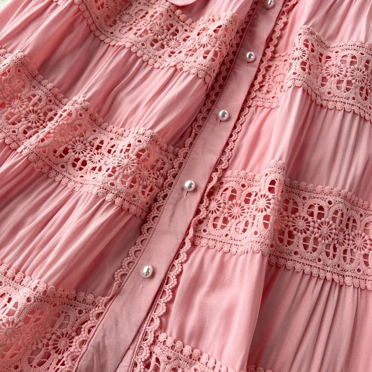 Luxury Party Dress for Women Long Lace Hollow Out Bandage Runway Patchwork Solid Lantern Sleeve Single Breasted Stand Dress