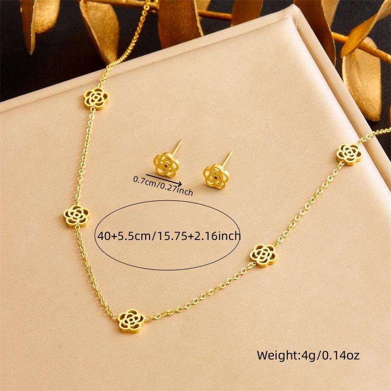Gold Plated Camellia Jewelry Set Necklace Earrings Bracelet