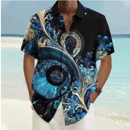 Stylish Colorful Men's Shirt Outdoor Street Short Sleeve Top Laser Printed Pattern