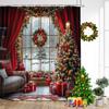 Red Christmas Shower Curtain Xmas Trees Gift Window Winter Forest Scenery New Year Home Wall Hanging Bathroom Decor With Hooks