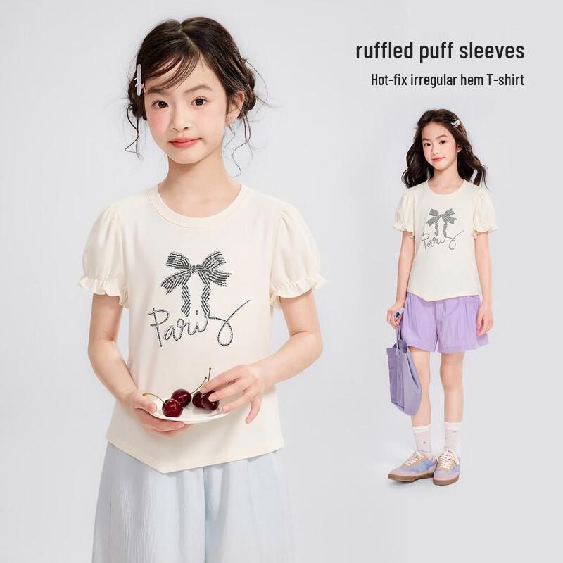 Yuan Yuan Princess Girls Pure Cotton Short-Sleeve T-shirt with Hot Diamond Bow 110