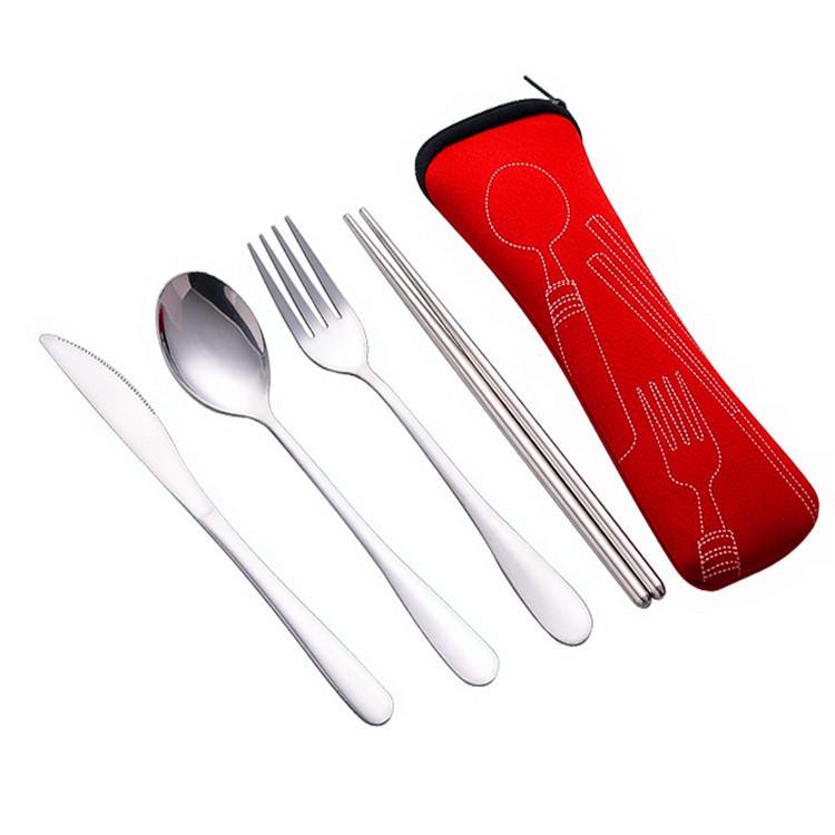 Stainless Steel Portable Cutlery Set with Cloth Bag - Includes Knife, Fork, Spoon & Chopsticks for Outdoor Travel