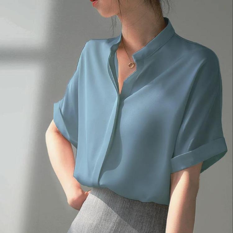 Casual Chiffon Blouse Women Loose Fit Short Sleeve Shirt Blue Mandarin Collar with Rolled Cuffs S