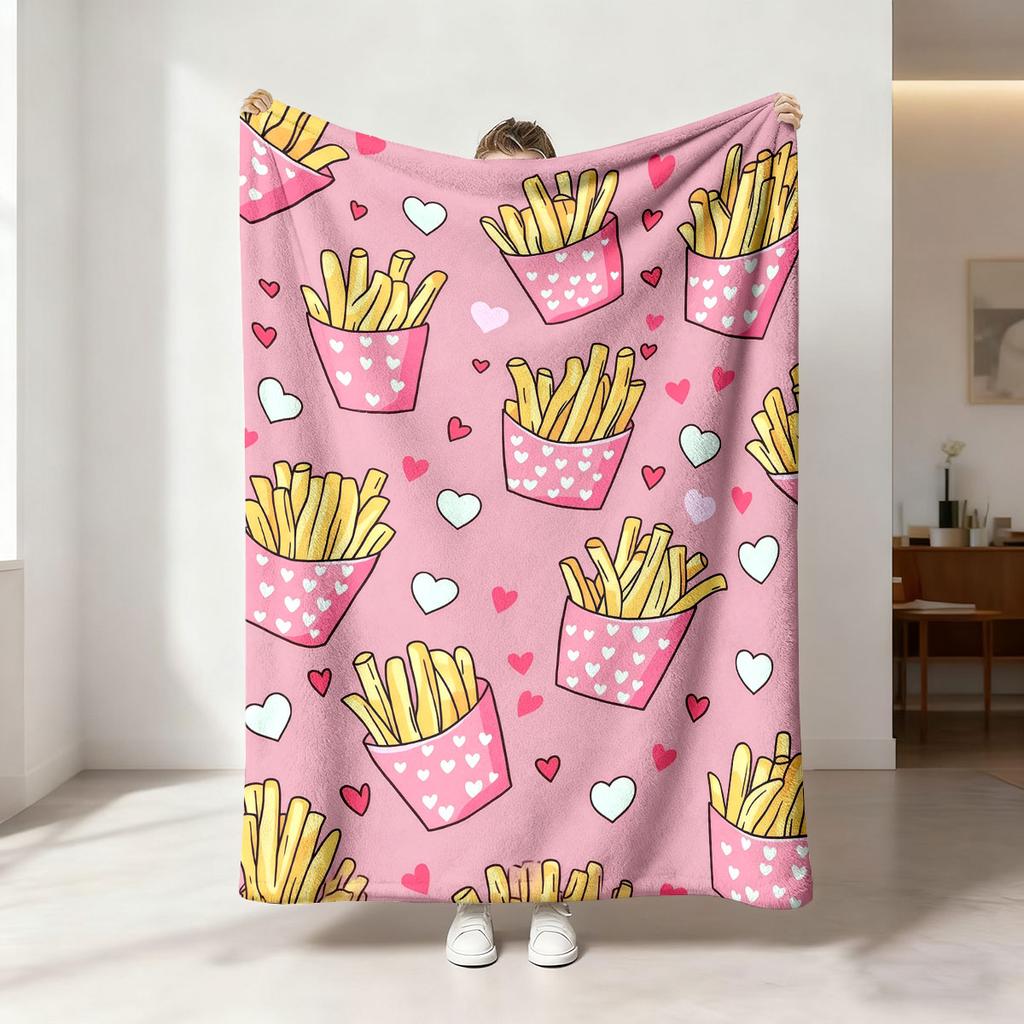 1Pc Cartoon French Fries Printed Flannel Blanket In Multiple Sizes, Soft And Comfortable, Machine Washable Gift Blanket