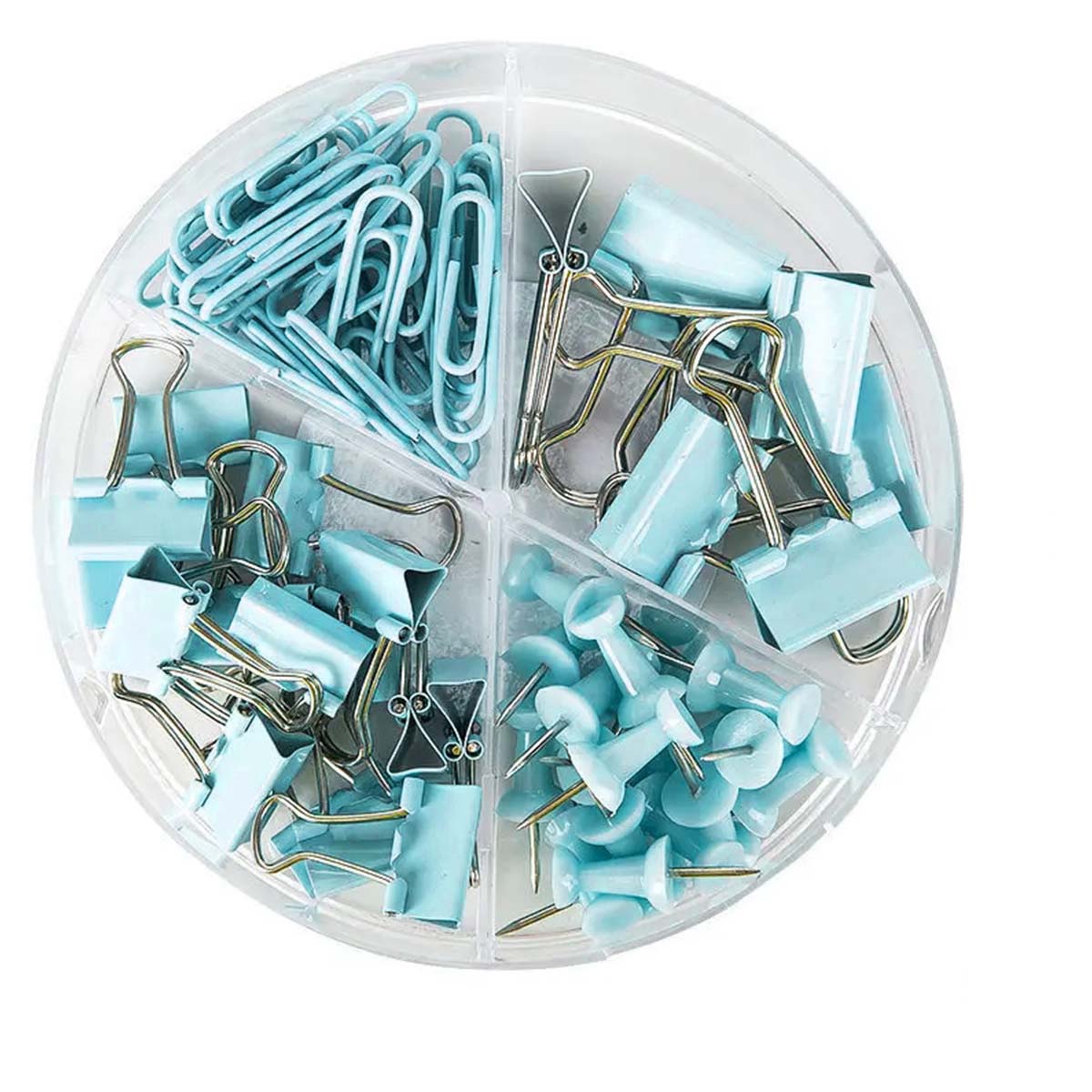 

набор скрепок и папок, металлические папки разных размеров, симпатичные канцелярские принадлежности, настольные аксессуары синий