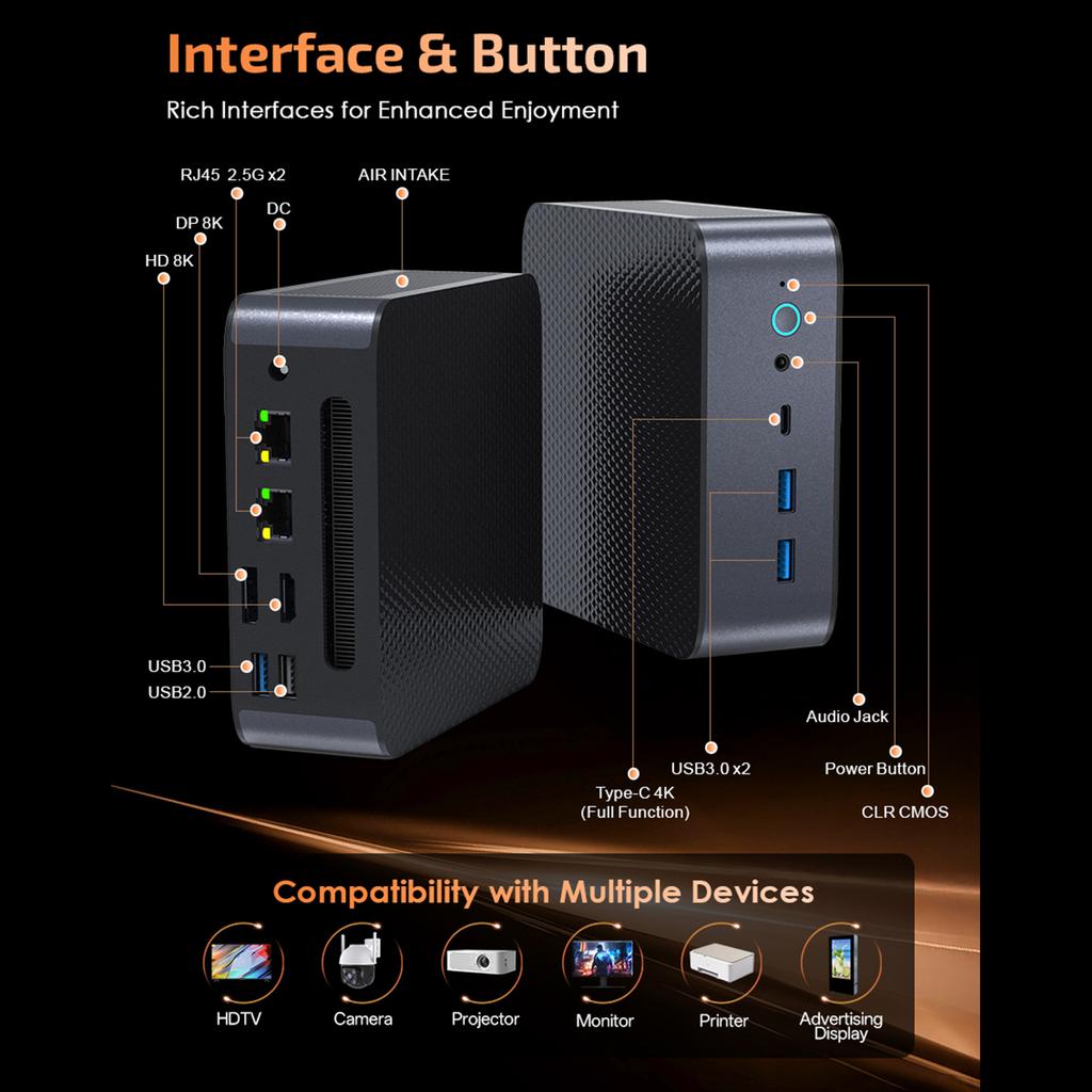 Mini PC Desktop Computer for AMD Ryzen 7 8745HS 8 Core 16 Thread S Up To 4.9GHz WiFi 6 Bluetooth 5.2 Support Triple