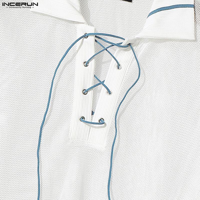 INCERUN Oversized Men Long Sleeve Hollow Bandage See Through Webbing Loose T-shirts Tops