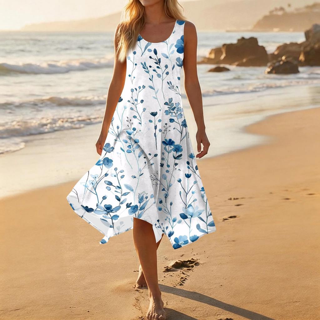 Ärmelloses Sommerkleid mit Blumenprint für Damen, Rundhalsausschnitt, unregelmäßiger Saum, mittellang, leicht, bequem