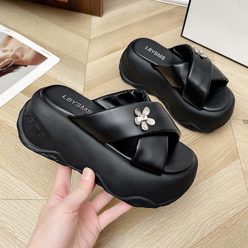 Fashion 8CM Heels Chunky Slippers For Women Open Toe High Platform Leather Sandals Woman 2025 New Summer Thick Bottom Beach Flip Flops