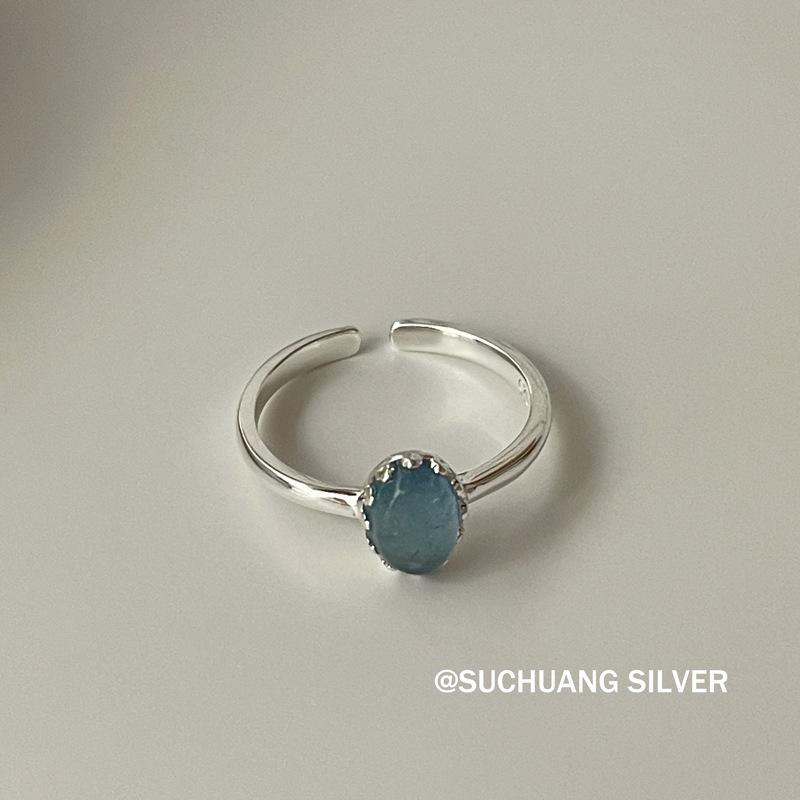 Su Chuang S925 Sterling Silver Oval Aquamarine Moonstone Women s Open Index Finger Ring, Korean Ins Blogger Style. Adjustable синий