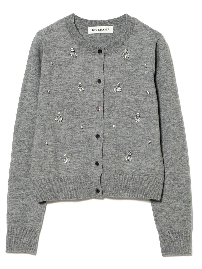 Ray Beams Women's Large/Small Knit Beaded Crew Neck Cardigan, Gray, One Size