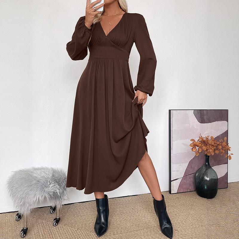 

Women s V Neck Dress Autumn Winter Solid Color Fit and Flare Silhouette Pullover XL
