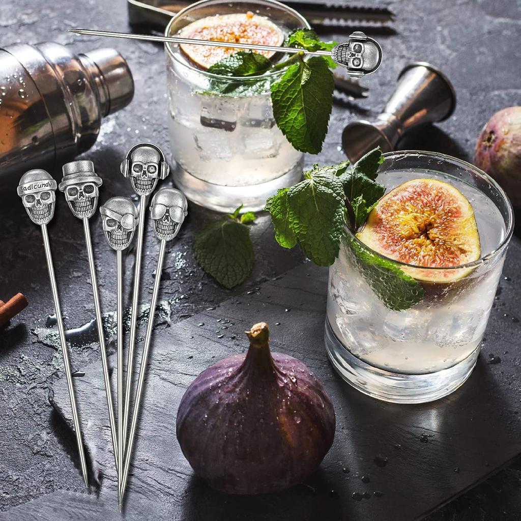 Patelai 5 Pieces Cocktail Picks Skull Stainless Steel Fruit Sticks Reble Toothpicks for Cocktail Halloween
