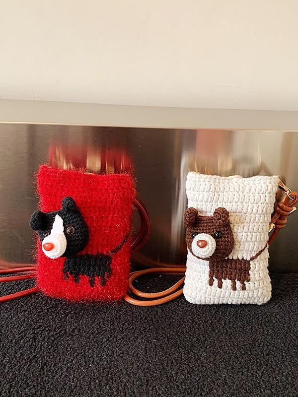 Handmade Knit Dog Pattern Shoulder Bag With Cell Phone Pocket For Casual Daily Use