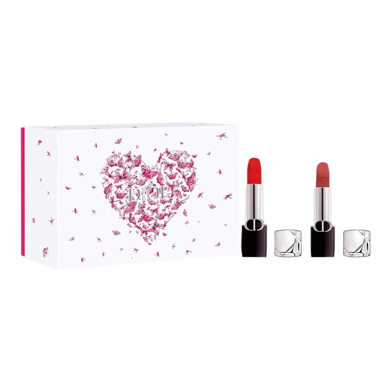 DIOR Brilliant Blue Gold Limited Gift Box Lipstick Velvet Non-smudged +/+ Two-piece set: Lipstick Velvet #999 3.5g + Lipstick Velvet Mist #688 3.4g синий