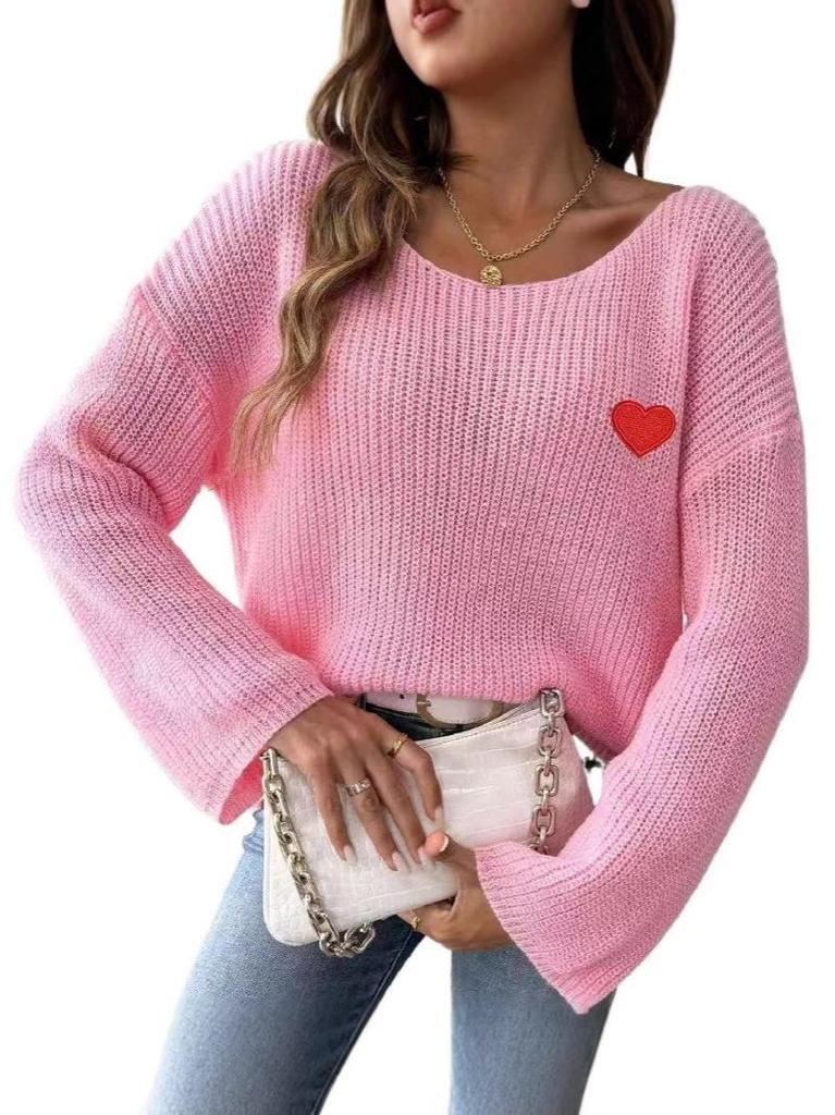Valentine's Day Heart Embroidery One-Shoulder Pullover Sweater for Women