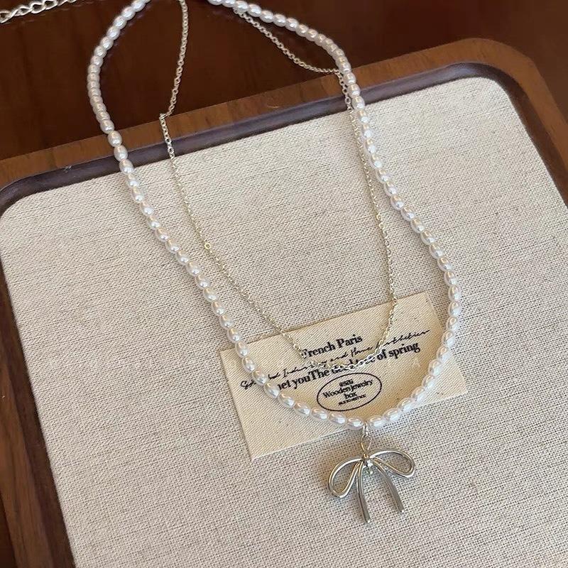 Bow Pearl Necklace Women's Cold Gentle Neck Chain Elegant Temperament Daily Sweet Versatile Clavicle Chain Tide