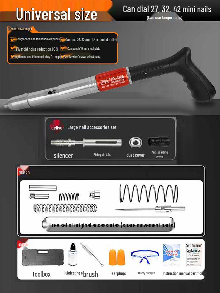 Ultra-quiet, All-steel Pneumatic Nail Gun for Industrial and Household Use, Perfect for Ceiling Applications.