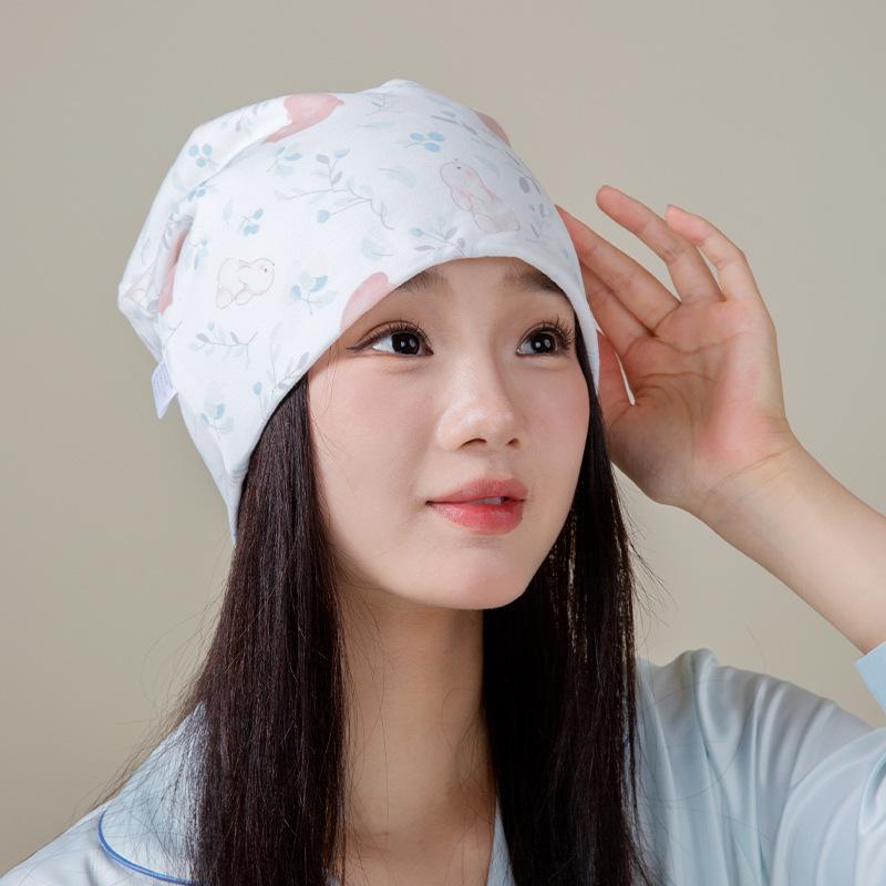 Windproof Double-Layer Postpartum Maternity Hat - Pure Cotton, High Elastic, Hexagonal Design.