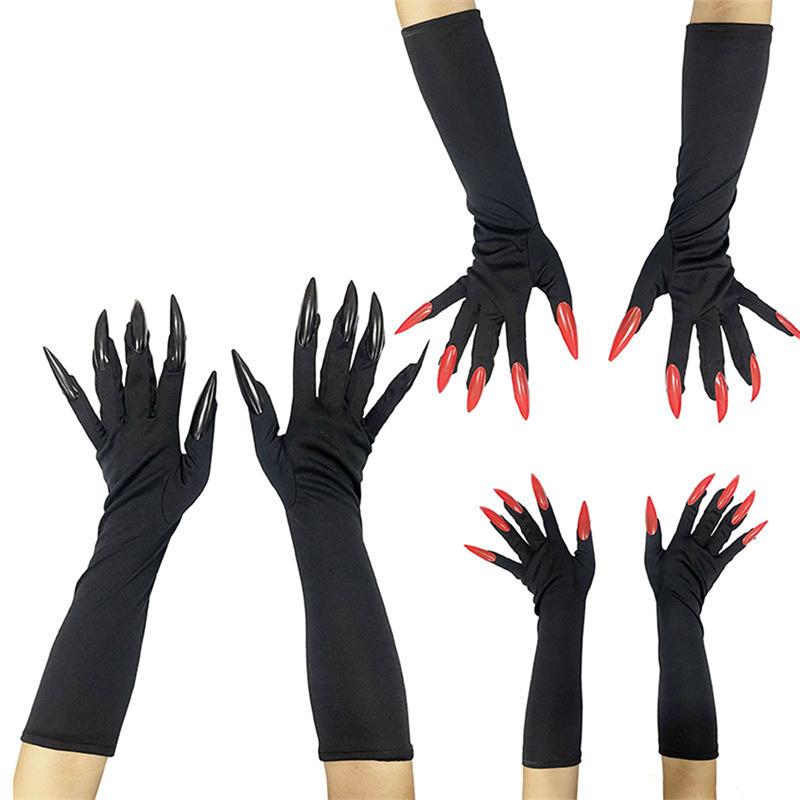 40cm Halloween Cosplay Compulsion Fashionable Personality Stretch Ghost Claw Red Black Long Nail Gloves Stage Performance Solid