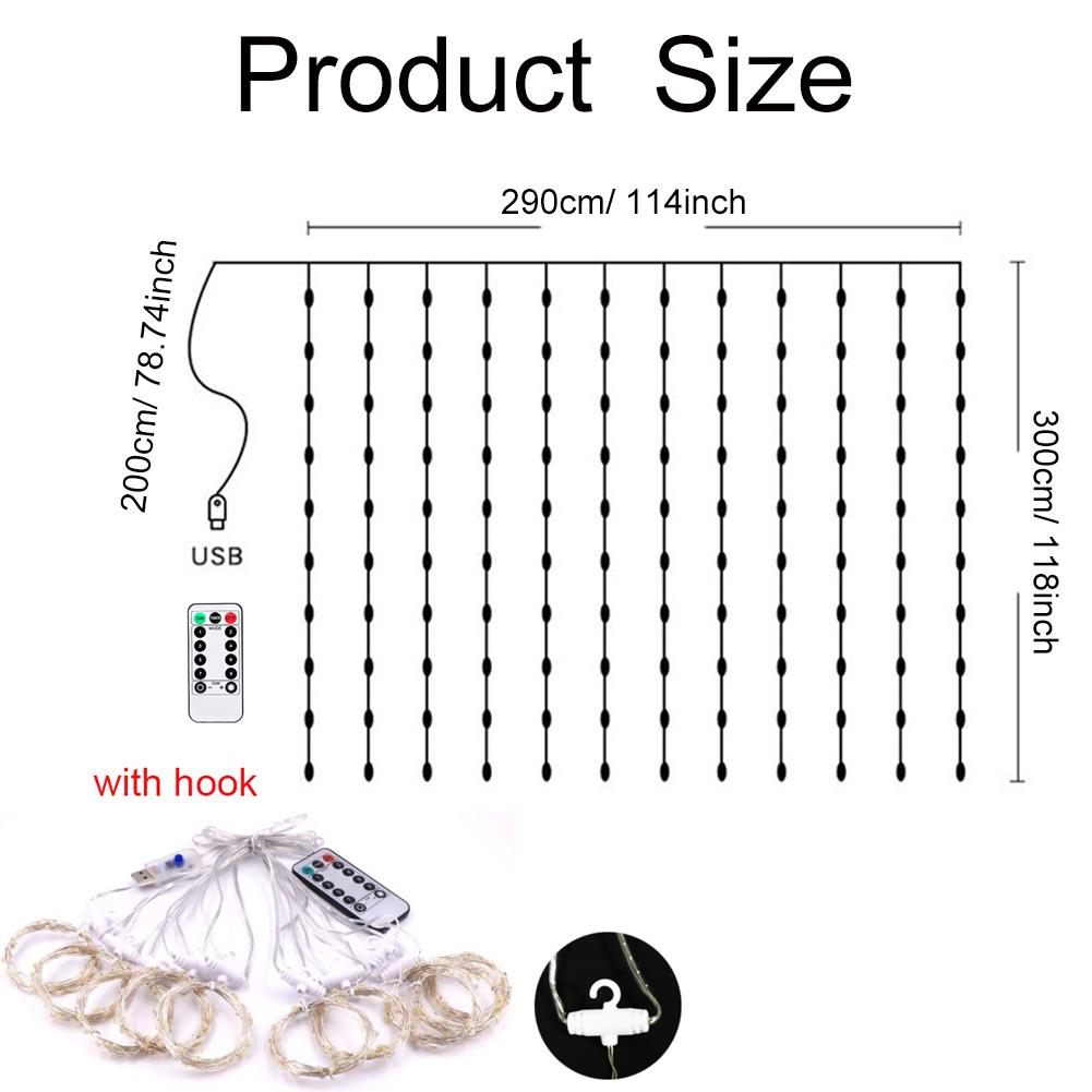 1set USB Christmas Window Curtain Lights, 300 LED Curtain Fairy String Lights , with Hook for Home Indoor Wall Christmas Decor