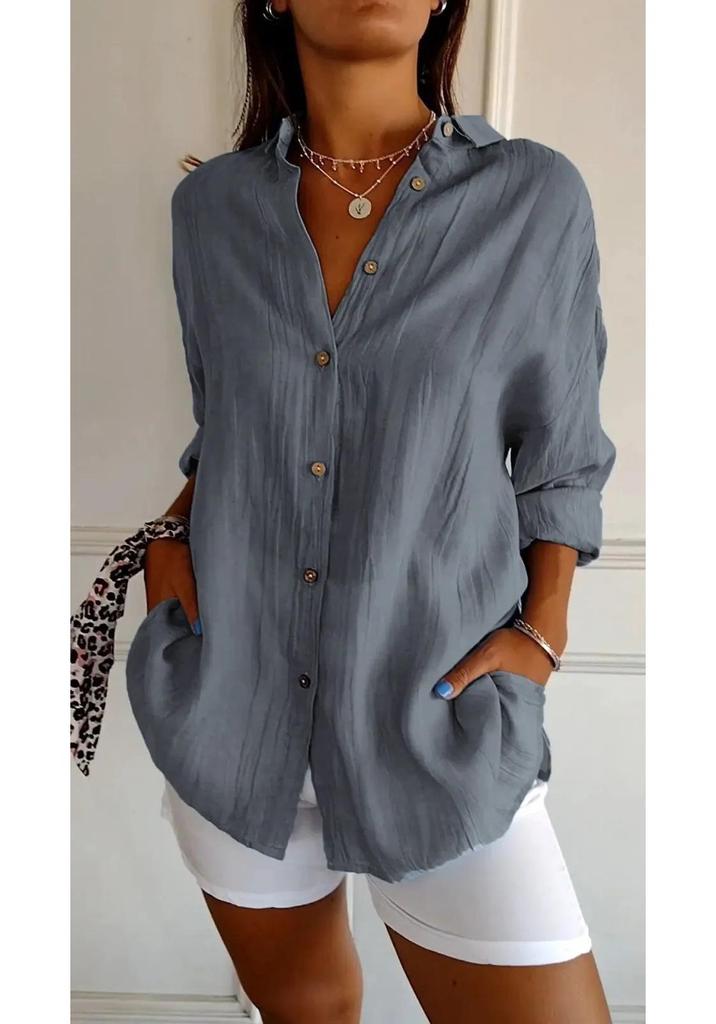 2024 Women's Solid Color Pleated Lapel Shirt - European & American Style, Single-Breasted Roll-Up Sleeve Top
