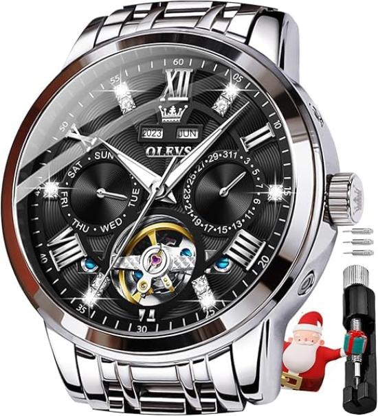 

OLEVS Men s Mechanical Automatic & Manual Perpetual Calendar Skeleton Metal Band Retro Stylish Men s Watch Luminous Waterproof watch for men Black