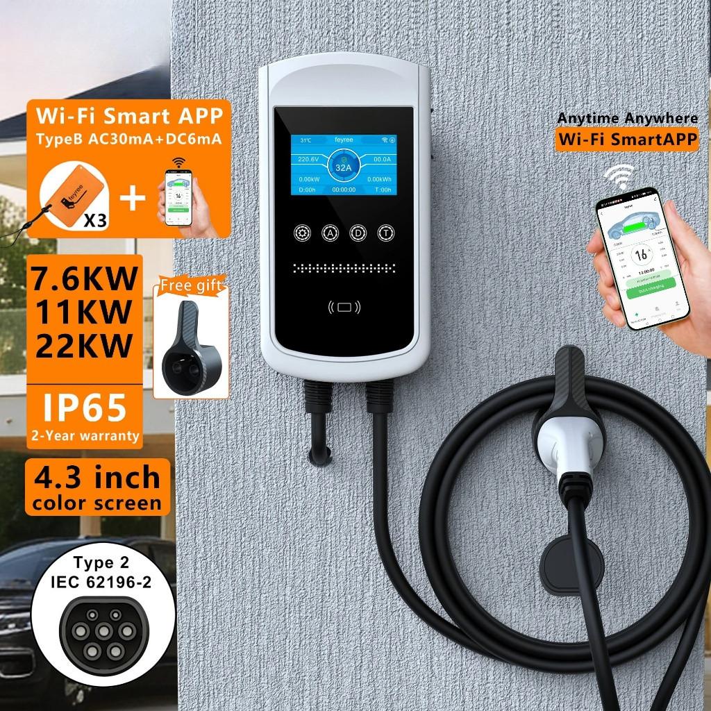 4.3 Inch Big Screen EV Charger Type 2  7.6kw Wallbox Charging Station 11kw 22kw 3 Phase Electric Vehicle Charger