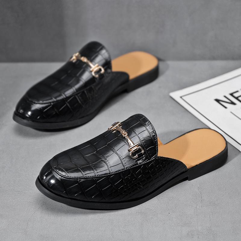 Fashion New Men's Crocodile Pattern Half Slippers Driving Shoes Casual Patent Leather Mules Moccasins Breathable Loafers Zapatos Hombre