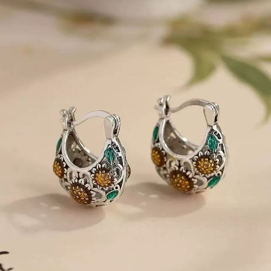 

Vintage Sunflower Earrings Handmade Enamel Drops Elegant Boho Ear Jewelry