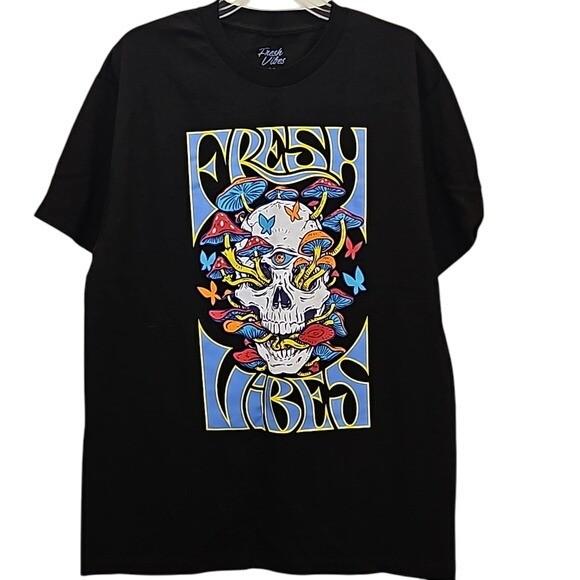 Fresh Vibes Colorful Skull Graphic Tee Size Medium New Mushroom Butterflies S