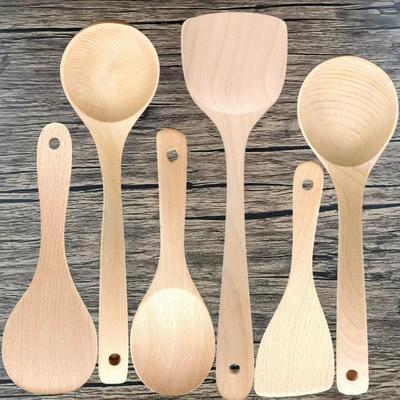Unpainted Beech Wood Non-stick Spatula and Ladle Set - Modern Simple Wooden Cooking Utensils