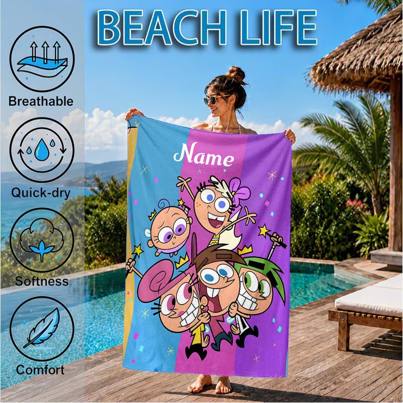 Custom Name Friendship Adventure OddParents Beach Towel Microfiber Beach Towel, Lightweight and Quick-Dry, for Summer Travel, Swimming Pool Gift