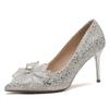 Champagne Gold Crystal Bow High Heels for Women - Elegant French Niche Bridal Shoes