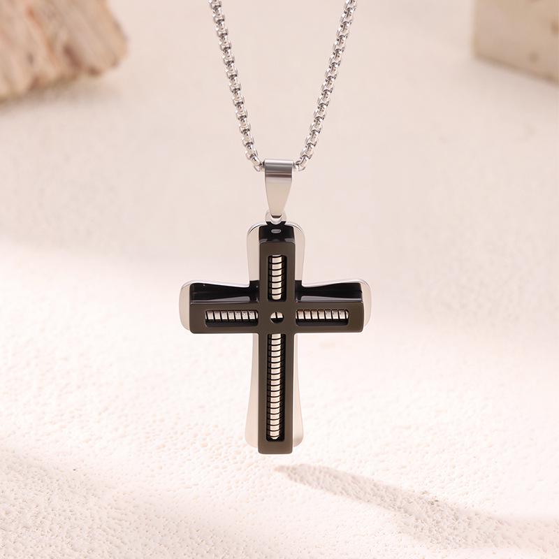 Bestselling Men's Two-Tone Wooden Cross Titanium Steel Dog Tag Necklace