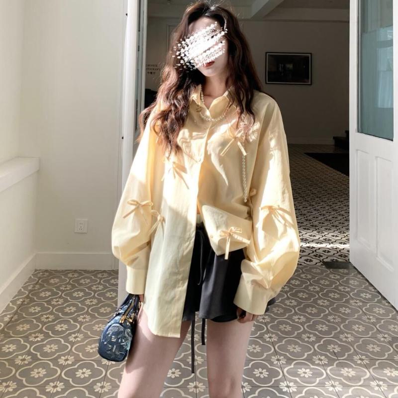 3D Bow Blue Shirt for Women Women's Chic Versatile Casual Lapel Top Solid Color Long Sleeve Lady's Single Breaste Shirts