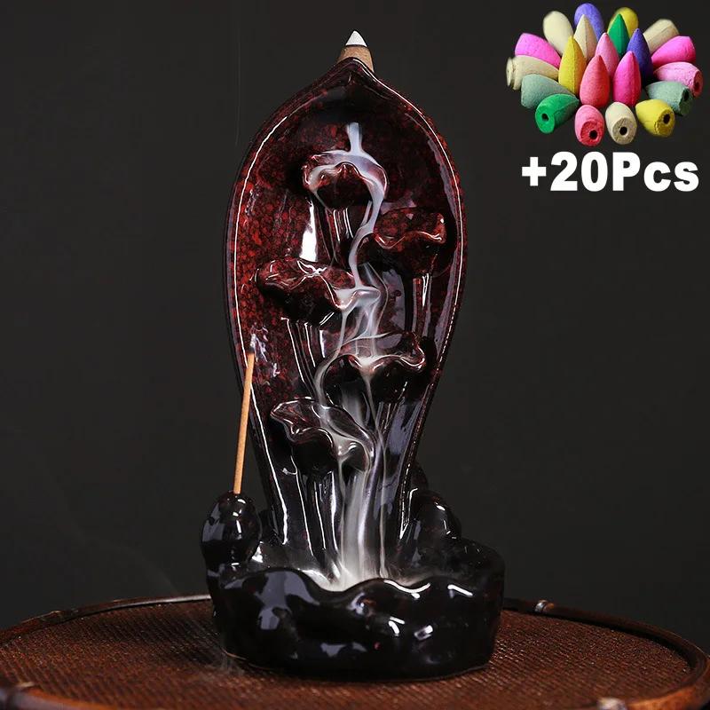 1pc Ceramic Incense Burner With 20 Cones, Waterfall Backflow Incense Stick Holder, Aromatherapy Ornament, Zen Decor, Home Decor