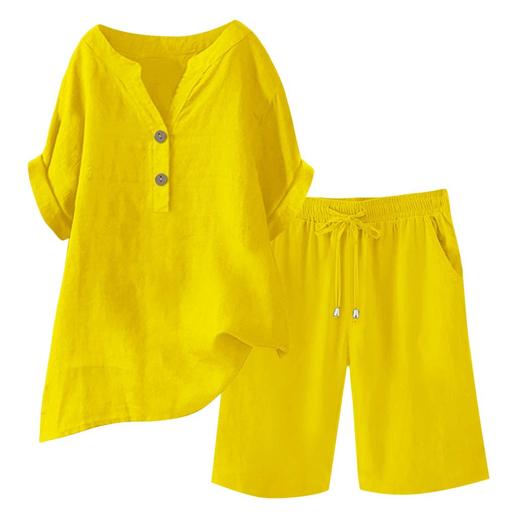 Bomull Linne 2-delade outfits för kvinnor Kortärmad V-ringad topp Vida ben Shorts Set Sommar Vardaglig Lös Lounge Set