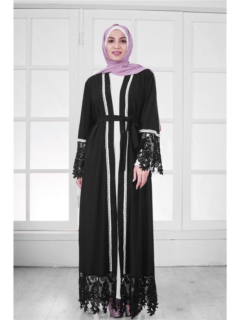 Black Lace Pearl Middle Eastern Style Long Cardigan for Women