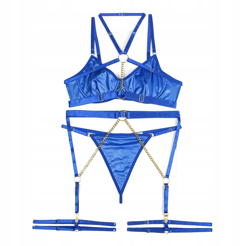 Sexy Women's Underwear Set: Bra, Belts, Chains, Thongs, Blue M