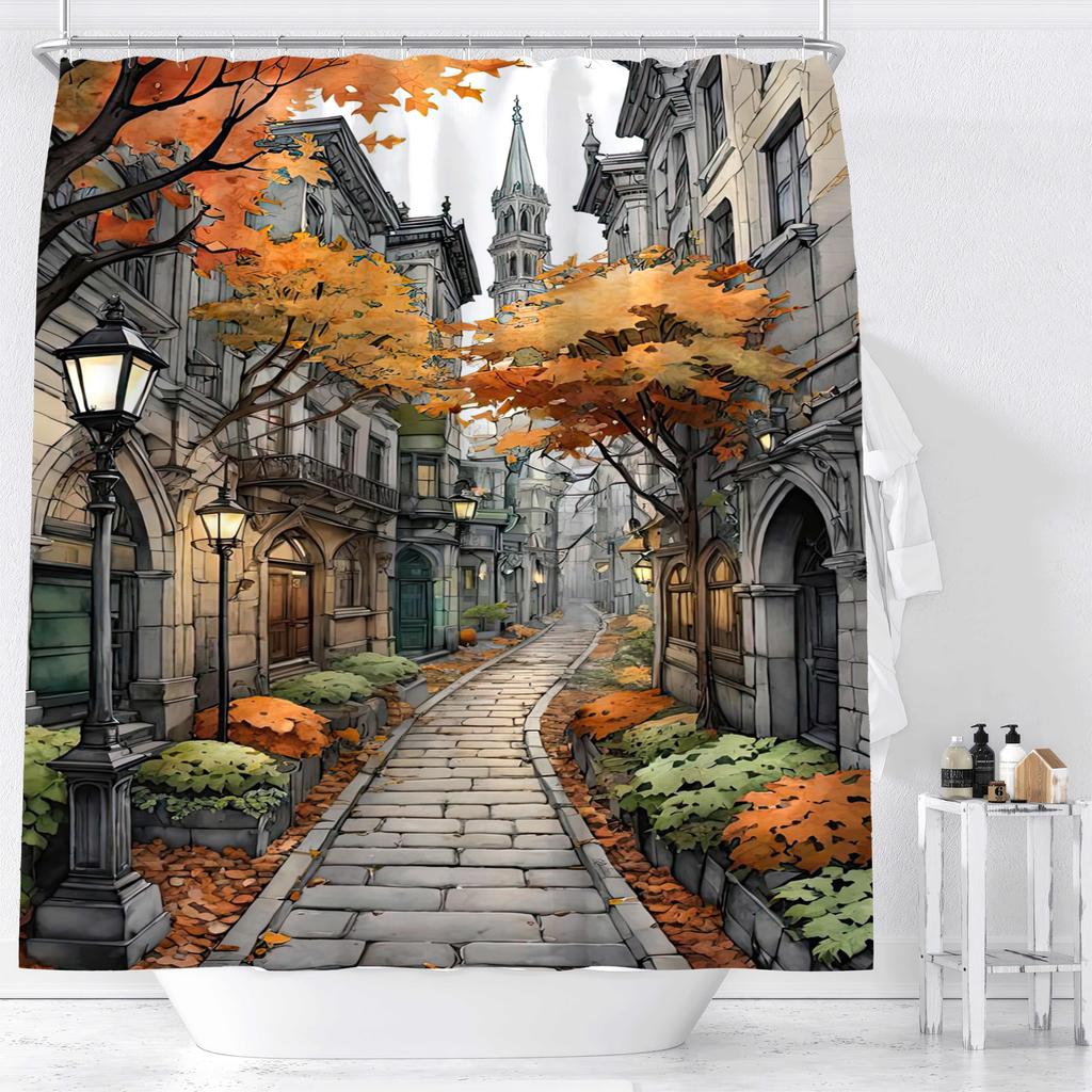 Charming Autumn Street Waterproof Mildew-Resistant Shower Curtain - Vintage European Design for a Cozy Bathroom Ambiance